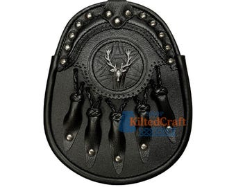 Men's Scottish Handmade Stage Head Sporran Black Leather With Chain Strap