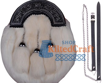 Handmade Scottish Leather Sporran – White Rabbit Fur Kilt Accessory