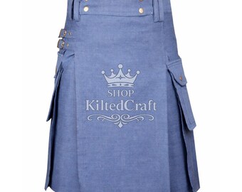 Kilt utilitaire en denim bleu fait main : Kilt écossais en jean délavé
