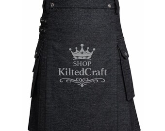 Kilt utilitaire en denim noir fait main : accents argentés, 3 poches