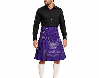 Kilt utilitaire gothique violet, kilt cargo en coton pour homme avec chaînes et poches tactiques
