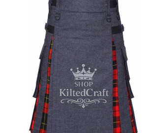 Kilt utilitaire en denim noir et tartan Wallace fait main - sur commande