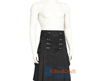 Kilt utilitaire moderne en denim noir : tendance tactique avec poches