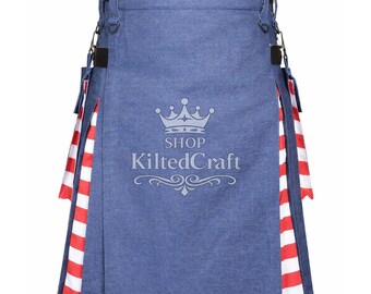 Kilt utilitaire en denim bleu fait main : lanières en cuir, poches amovibles