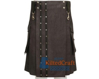 Men’s Charcoal Denim Utility Kilt: Heavy Duty Workwear with Pockets