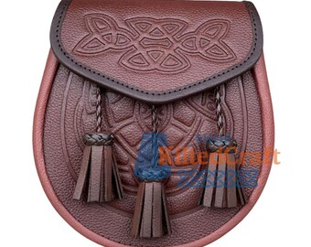 Handmade Scottish Sporran | Brown Leather | Celtic Design | Embossed Sporran