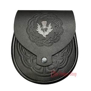 Handgemachter Highlander Kilt Sporran mit keltischem Tiefen Prägemuster Benutzerdefinierter schwarzer Sporran