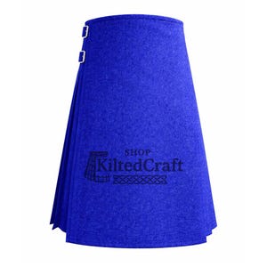 May include: A vibrant blue kilt with two silver buckles. The kilt features pleats and a wrap-around design. The text "SHOP KiltedCraft" is printed on the front. This traditional garment is made of a thick, textured fabric.