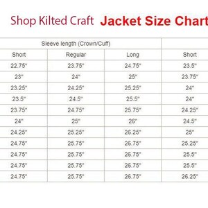 K&ouml;nnte beinhalten: Eine wei&szlig;e Tabelle mit dem Titel "Shop Kilted Craft Jacket Size Chart" mit Ma&szlig;en f&uuml;r Brust, Taille, &Auml;rmell&auml;nge und Jackenl&auml;nge. Die Ma&szlig;e sind in Zoll, mit Gr&ouml;&szlig;en von 86 cm bis 137 cm.