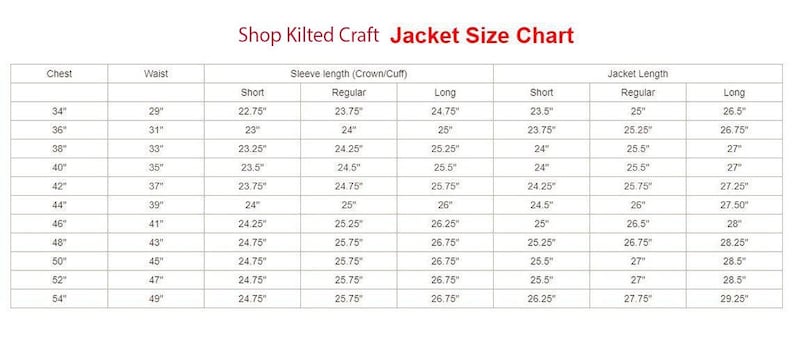 K&ouml;nnte beinhalten: Eine wei&szlig;e Tabelle mit dem Titel "Shop Kilted Craft Jacket Size Chart" mit Ma&szlig;en f&uuml;r Brust, Taille, &Auml;rmell&auml;nge und Jackenl&auml;nge. Die Ma&szlig;e sind in Zoll, mit Gr&ouml;&szlig;en von 86 cm bis 137 cm.