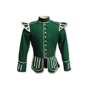 May include: A green military-style jacket with white trim and silver buttons. The jacket features a high collar, epaulets, and decorative pockets. The sleeves have white cuffs. This garment is suitable for historical reenactments or costume events.