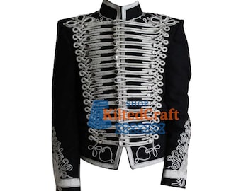 Veste de hussard militaire faite main : uniforme napoléonien noir, col tressé