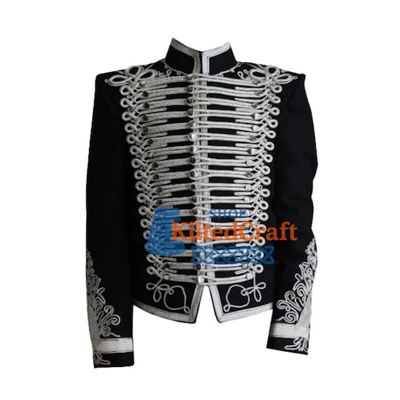 Handmade Military Hussar Jacket: Black Napoleonic Uniform, Braid Collar
