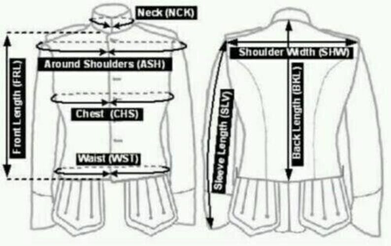 K&ouml;nnte beinhalten: Diagramm zur Darstellung von Jackenma&szlig;en, einschlie&szlig;lich Frontl&auml;nge, Schulterumfang, Brust, Taille, Hals, &Auml;rmell&auml;nge, Schulterbreite und R&uuml;ckenl&auml;nge. Die Jackenansicht von vorne und hinten mit Ma&szlig;angaben.