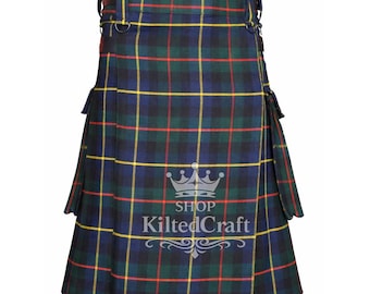 Kilt utilitaire en tartan MacLeod of Harris fait main : lanières en cuir, poches cargo