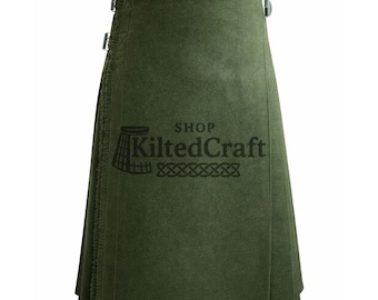 Kilt en laine vert olive pour homme - Kilt écossais traditionnel du clan des Highlands de 8 mètres fait main