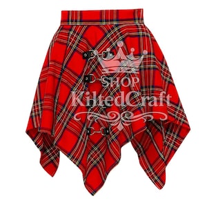 May include: A red plaid kilt with black buckles and straps. The kilt has a unique asymmetrical design with pointed edges. The text "D-SHOP KiltedCraft" is printed on the kilt.