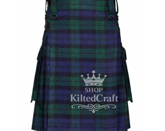 Kilt utilitaire en tartan noir fait main : 16 oz, poches cargo