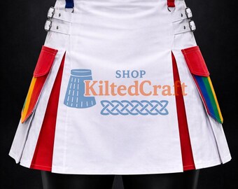 Kilt utilitaire blanc fait main - Rainbow Pride, poches cargo