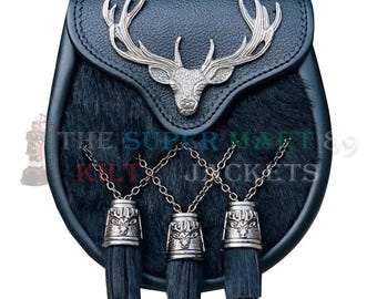 Handgefertigter Herren Schwarz Leder Kilt Sporran: Deer Stag Design