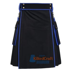 Kilt multiuso fatto a mano, nero e blu: cotone ibrido scozzese, tasche cargo, taglia personalizzata