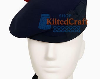 Handmade Navy Wool Tam O'Shanter | Scottish Beret with Red Pom