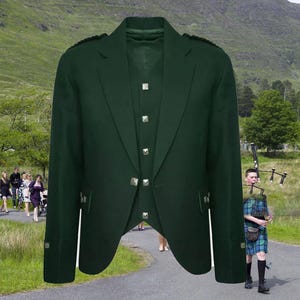 Handmade Scottish Green Wool Argyle Kilt Jacket & Waistcoat