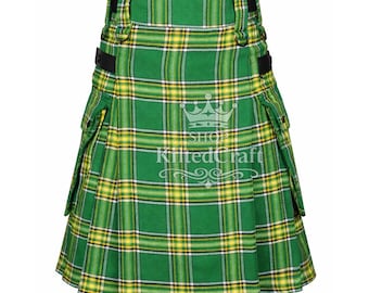 Kilt utilitaire en tartan vert irlandais fait main : lanières en cuir, poches cargo