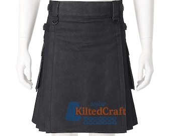 Men's Black Denim Utility Kilt: Modern Workwear with Cargo Pockets