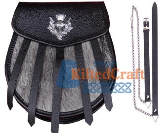 Scottish Grey Fur Kilt Sporran – 100% Leather Sporran with Thistle Badge & Chain Belt