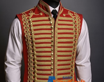 Gilet de hussard rouge avec tressage doré | Gilet de costume steampunk