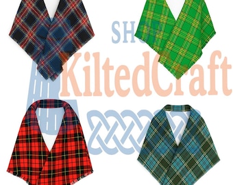 May include: Four plaid scarves in various colors: red, green, blue, and teal. Each scarf has a V-neck design and a fringed edge. The scarves are arranged against a white background with the text "Shop KiltedCraft".