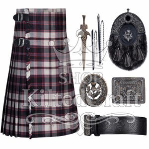 May include: A traditional Scottish kilt in a red, black, and white plaid pattern, with a matching belt, buckle, and sporran. Also included are a sgian-dubh, a dirk, and chain accessories. The image has the text "Shop Kilted Craft".
