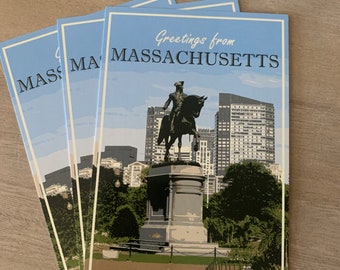 May include: A stack of postcards with a blue sky background and a picture of a statue of a man on a horse in front of a city skyline. The text on the postcard reads "Greetings from MASSACHUSETTS".