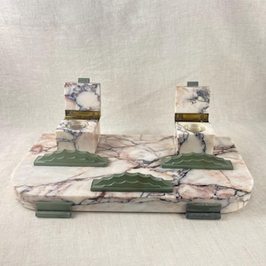 Vintage Art Deco Calacatta Viola Marble Inkwell- Brass Accents Desk Set