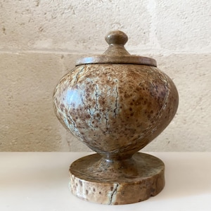 May include: A round, lidded stone vessel featuring a mottled brown and tan surface with dark, vein-like patterns. The container has a bulbous body, a pedestal base, and a small, rounded knob handle on the lid, showcasing a natural, polished finish.