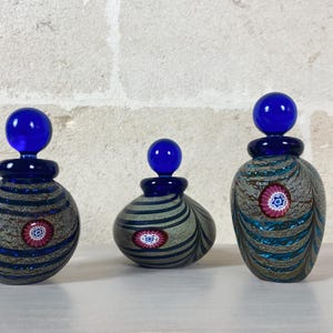 Signed Franco Moretti Peacock Vanity Bottle Trio | Hand Blown Murano Art Glass