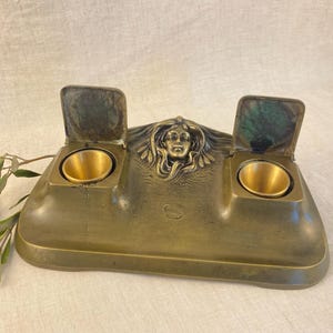 Antique Italian Art Nouveau Brass Double Inkwell - Luciani Parma Inkstand - Liberty Style Desk Set