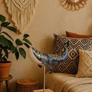 Handmade Blue Whale Lamp with Golden Wave Art | Eco-Friendly Paper Mache Table Light