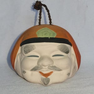 Vintage Japanese Ebisu Face Bell – Lucky Dorei Clay Figurine – Smiling God Mask (7cm)