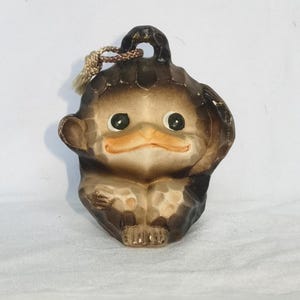 Vintage Japanese Clay Bell – Forest Spirit Yokai Figurine – Textured Ceramic Folk Art Bell (9cm)