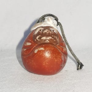 Vintage Japanese Dorei Bell – Daruma-Inspired Clay Bell – Folk Art Figurine with Rope Hanger