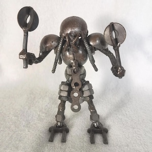 Scrap Metal Steampunk Robot Figurine - Predator-Inspired Industrial Sculpture - Handmade Recycled Art Decor