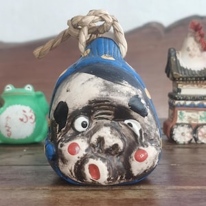 Rare Vintage Japanese Two-Faced Dorei Bell – Expressive Dual Masks Clay Figurine (8cm)