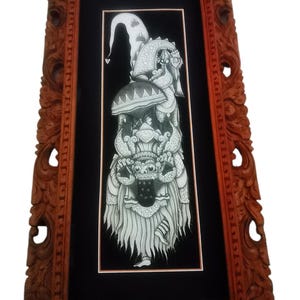 Original Hand-Painted Balinese Barong Artwork – Framed in Hand-Carved Wood – 30×60 cm