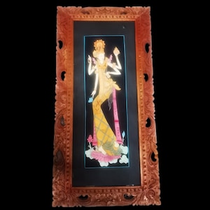 Original Balinese Hand-Painted Goddess Artwork on Paper with Carved Wood Frame – Southeast Asian Wall Décor