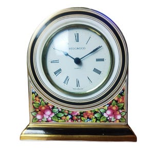 Wedgwood Bone China Floral Mantel Clock – Vintage English Porcelain Table Clock – Pink & Gold Decor – CLIO Collection
