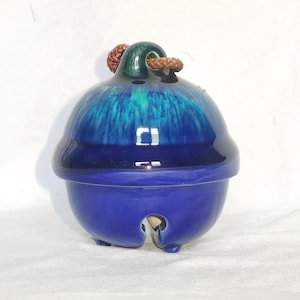Large Japanese Ceramic Suzu Bell: Deep Blue Glazed Dorei, Folk Art Decor
