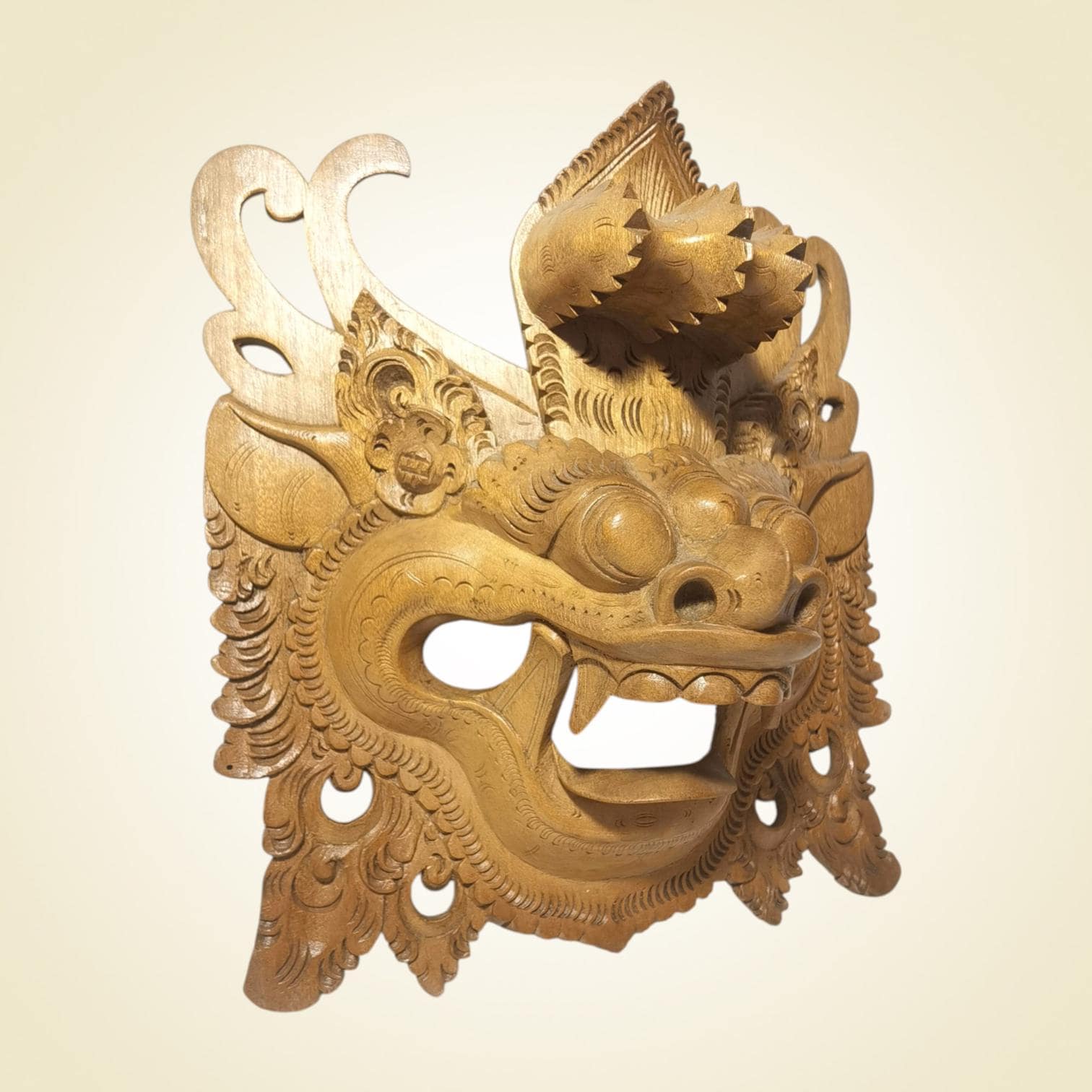Masque Barong Balinais Vintage - Bois Sculpté Main - Décoration Murale