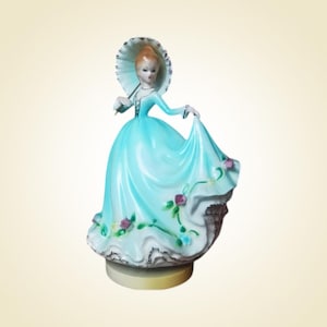 Caja de música vintage de porcelana Imoto: Dama con gorro azul, Japón